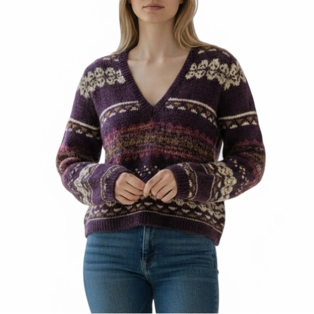 Peruvian Connection 100% Wool Fair Isle V-Neck Sweater‎
